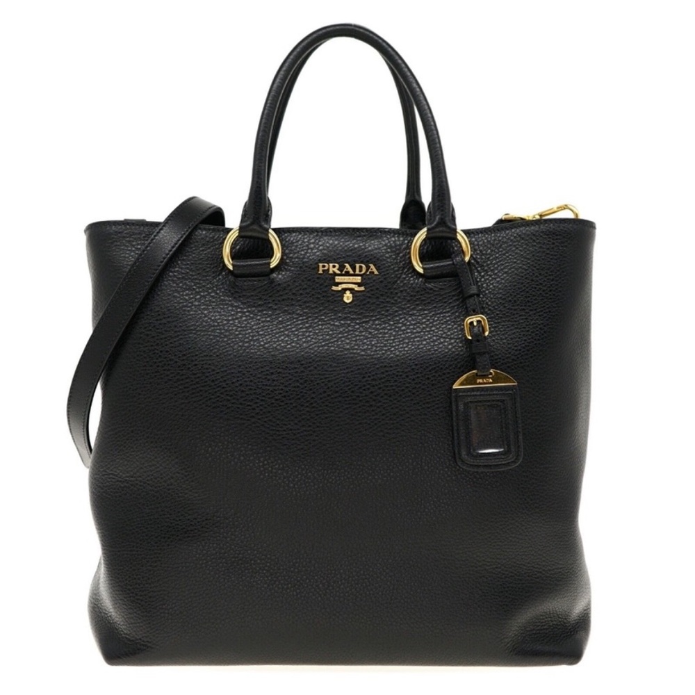 Prada Vitello Phenix Black Pebbled Leather Crossbody Tote Bag Handbag
